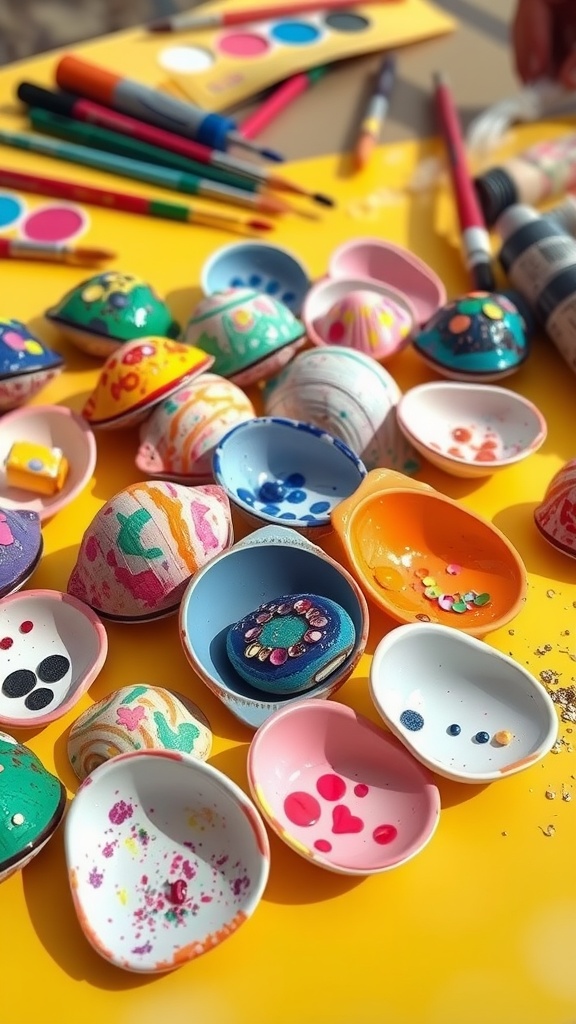 Colorful clam shells decorated by kids with paint and glitter on a craft table.